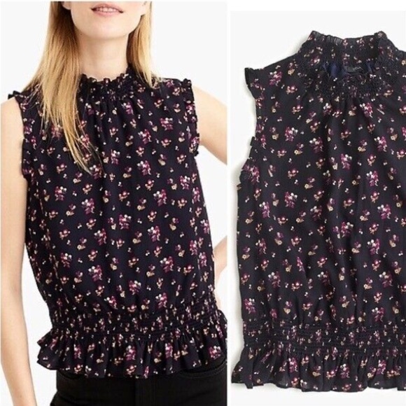 J. Crew Navy Blue Berry Ditsy Floral Ruffle Smocked Top Sleeveless Blouse size 2 - Picture 1 of 12